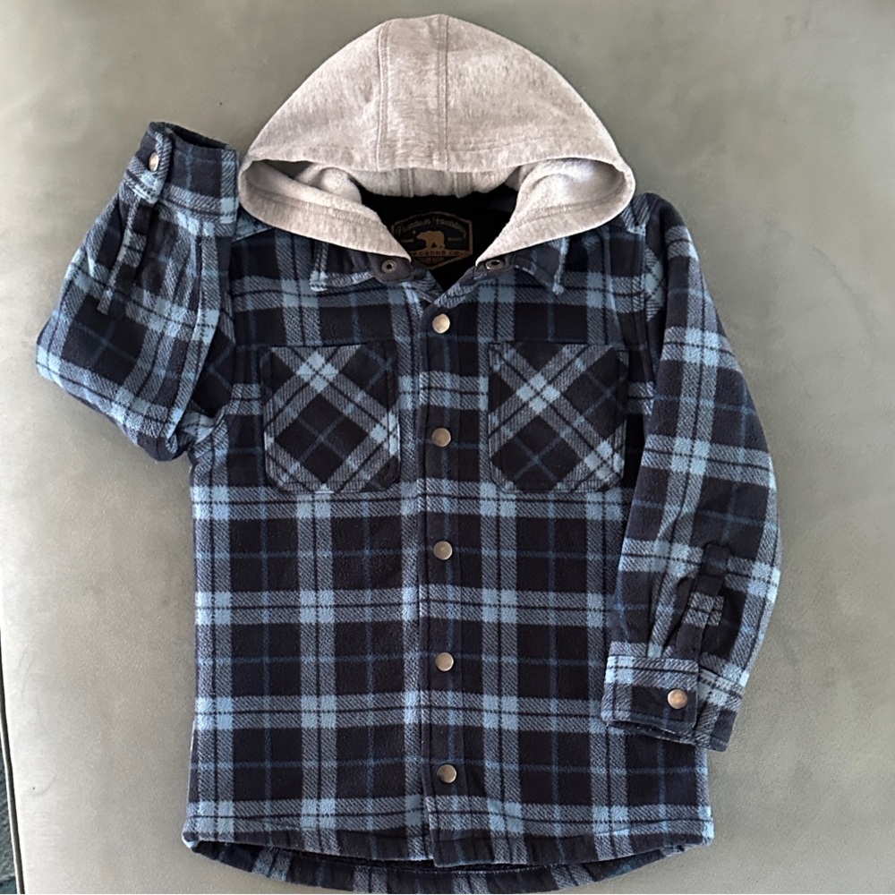 Kids XS (5/6) Freedom Foundry Hooded Sherpa Lines Plaid Shirt - Navy and Gray